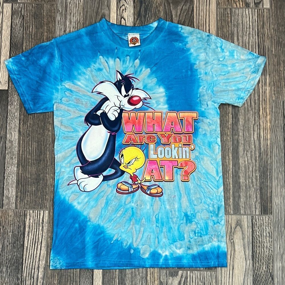 🔥 Vintage 90’s LOONEY TUNES Tweety & Sylvester Tie-Dye Tee Unisex Sz Medium -EU